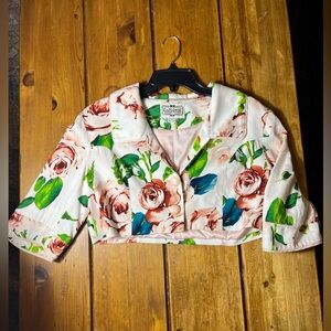 Collectif Pink Floral Cropped Blazer with Green Accents